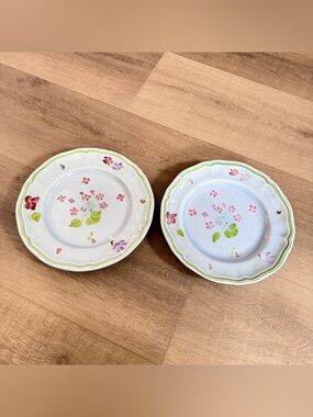 Longchamp France 10" Floral Dinner Plate Set 2 Blue Pink Scalloped Edge Crazing